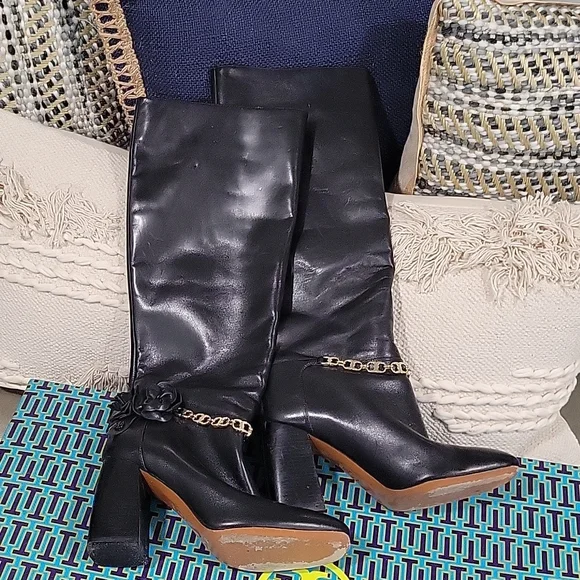 Tory Burch Black Blossom Block Heel Boots Tall Knee High Shoes - Picture 2 of 10